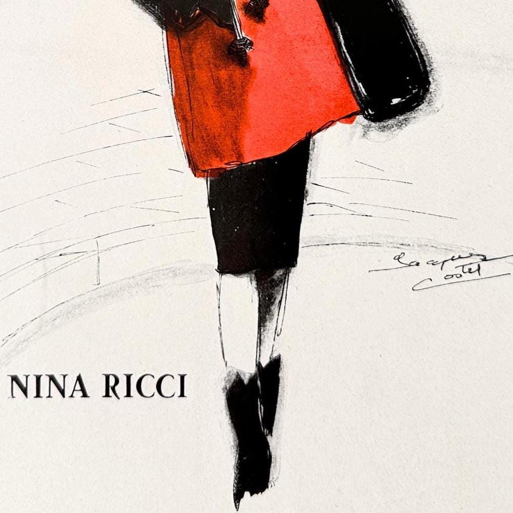Authentic 1950s Vintage Nina Ricci Fashion Illustration Poster: French Haute Couture Magazine Print