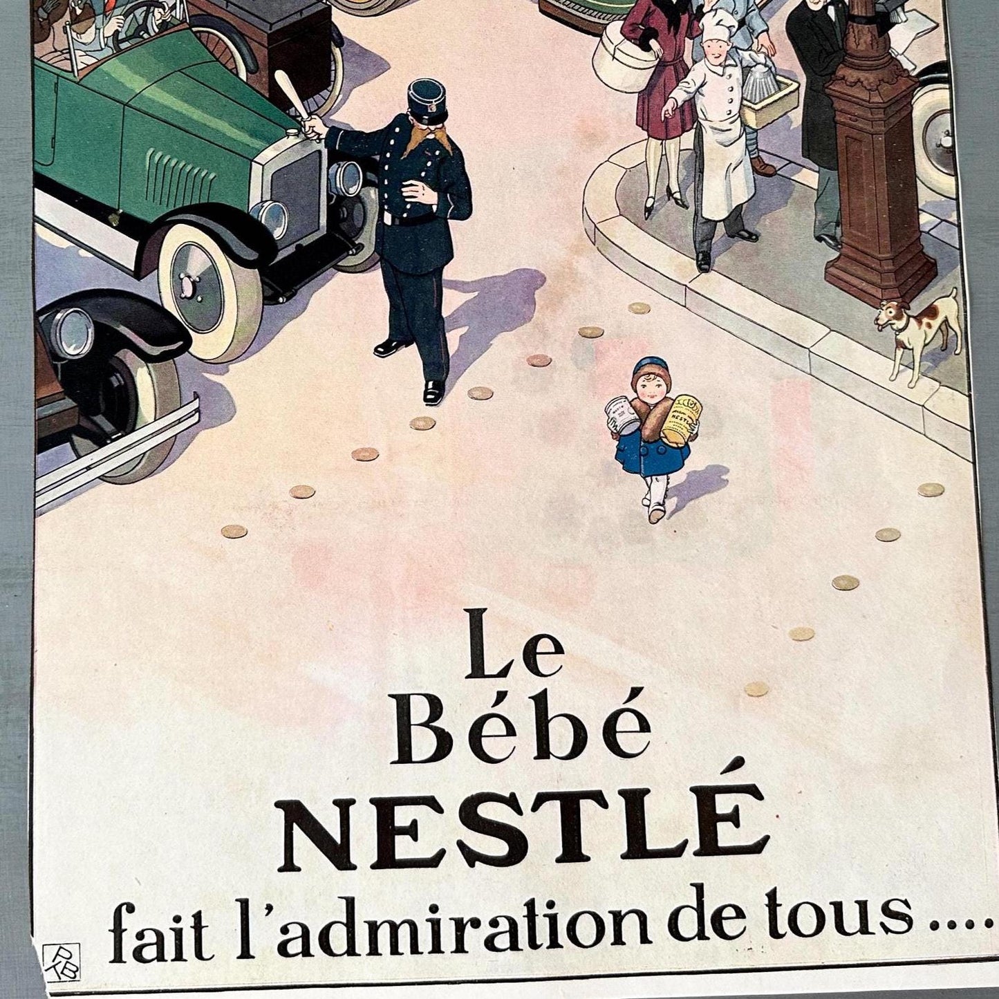 Original 1920s French Vintage Nestle Food Ad Poster: Authentic Cartoon Street Scene with Baby Wall Art