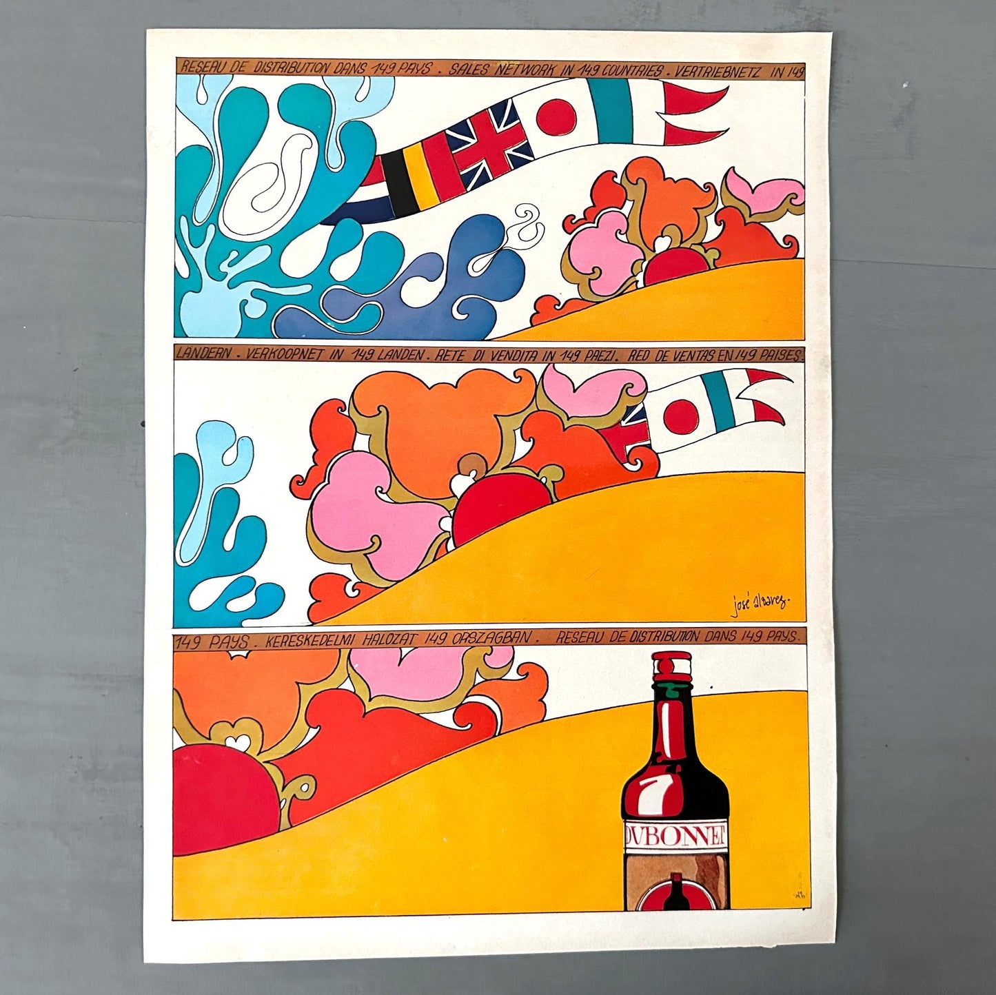 Original 1950s Vintage Dubonnet Alcohol Ad Poster: French Magazine page Signed Jose Alvarez