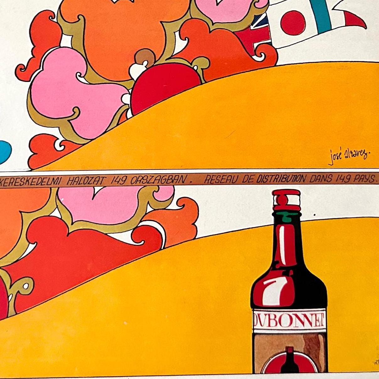 Original 1950s Vintage Dubonnet Alcohol Ad Poster: French Magazine page Signed Jose Alvarez