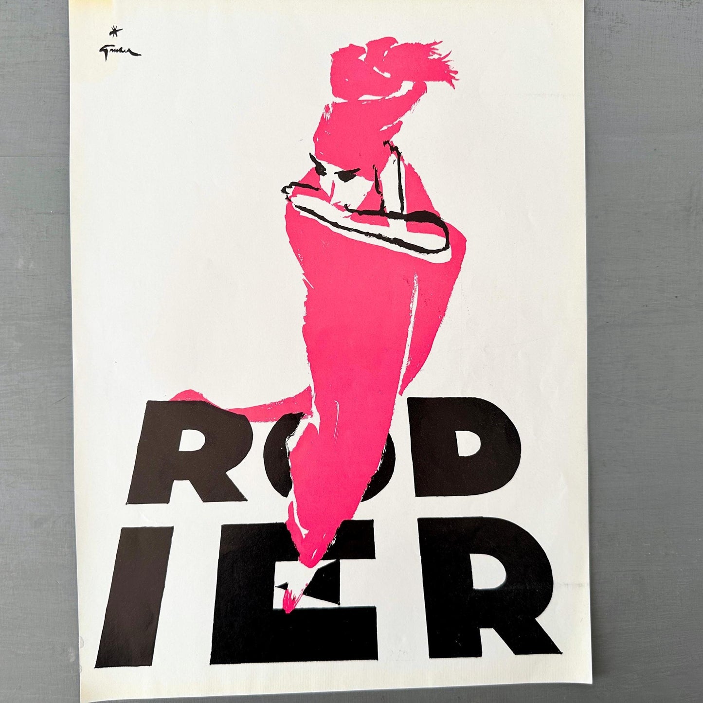 Rene Gruau French Vogue Print: Pink Dress Rodier Ad, 1950s Fashion Illustration