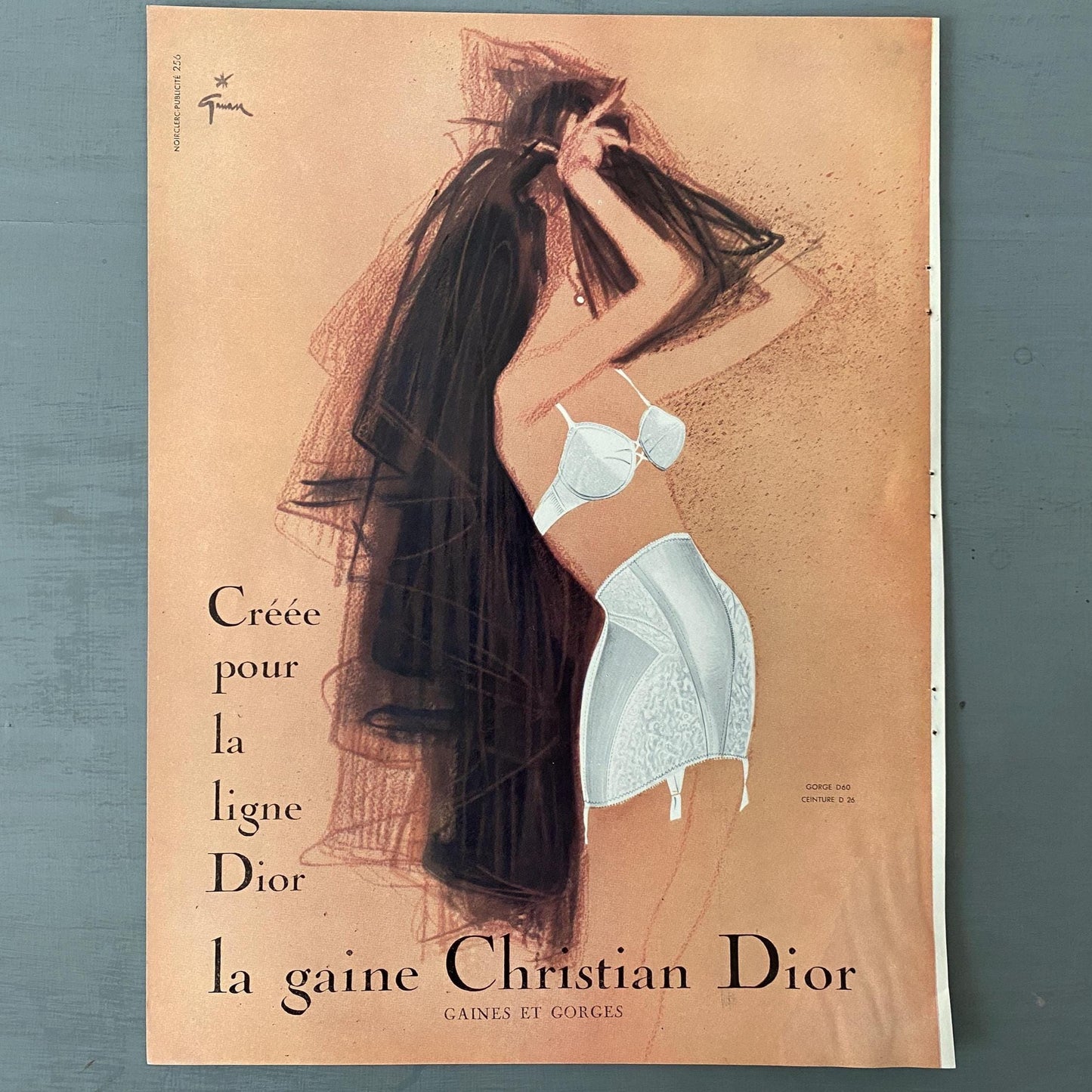 Original 1950s Vintage Dior Lingerie Ad Print by Rene Gruau - Rare Glam Home Wall Art Poster
