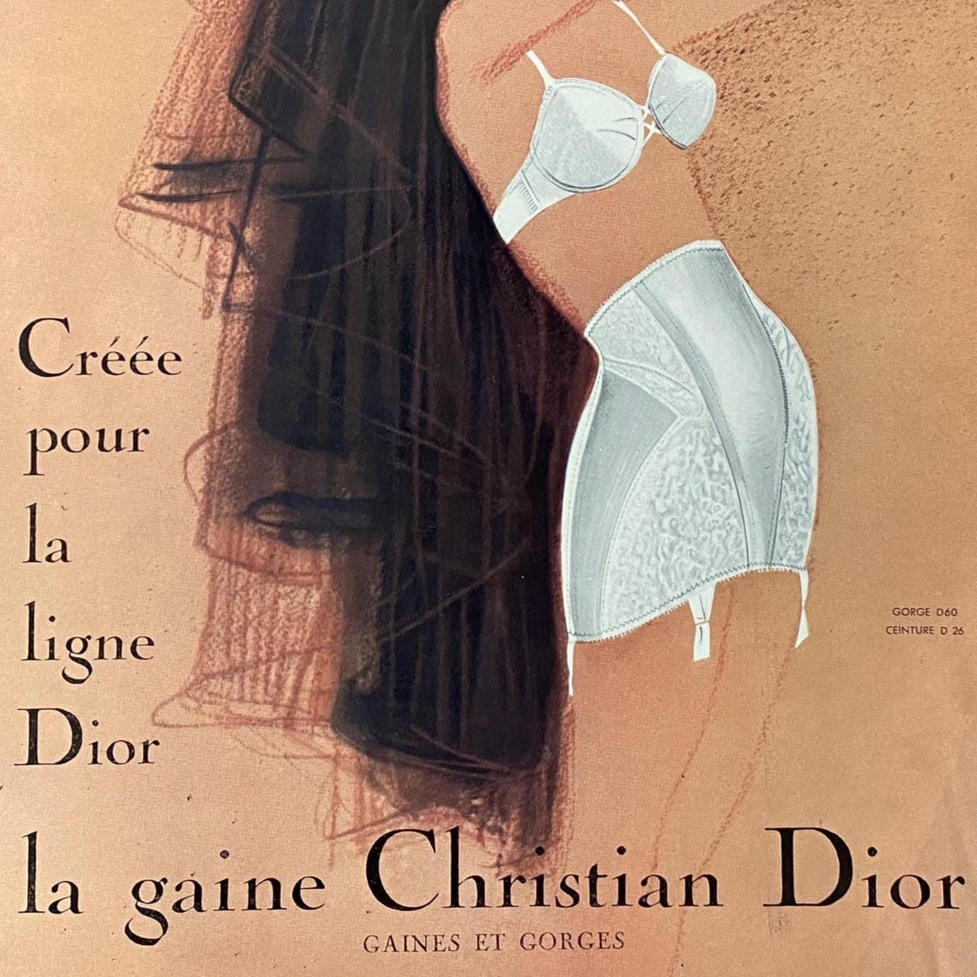 Original 1950s Vintage Dior Lingerie Ad Print by Rene Gruau - Rare Glam Home Wall Art Poster