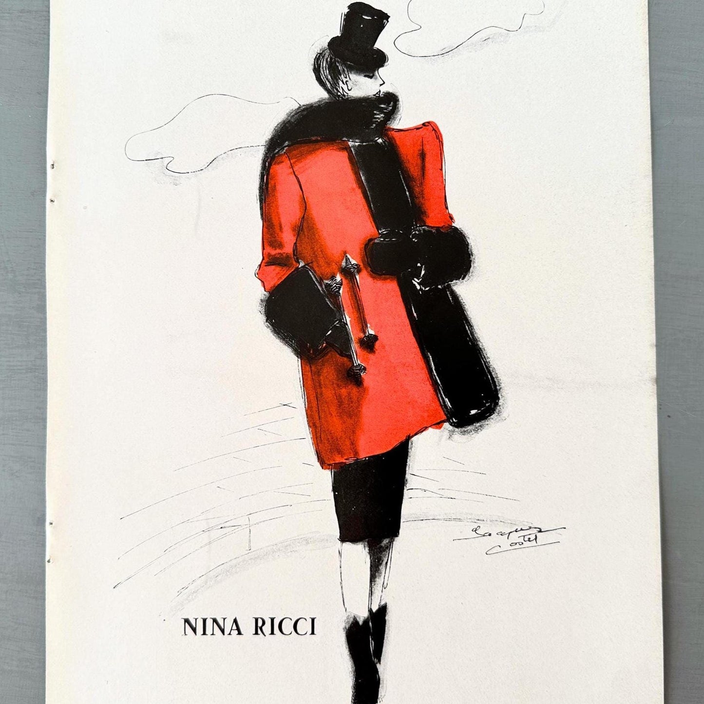 Authentic 1950s Vintage Nina Ricci Fashion Illustration Poster: French Haute Couture Magazine Print