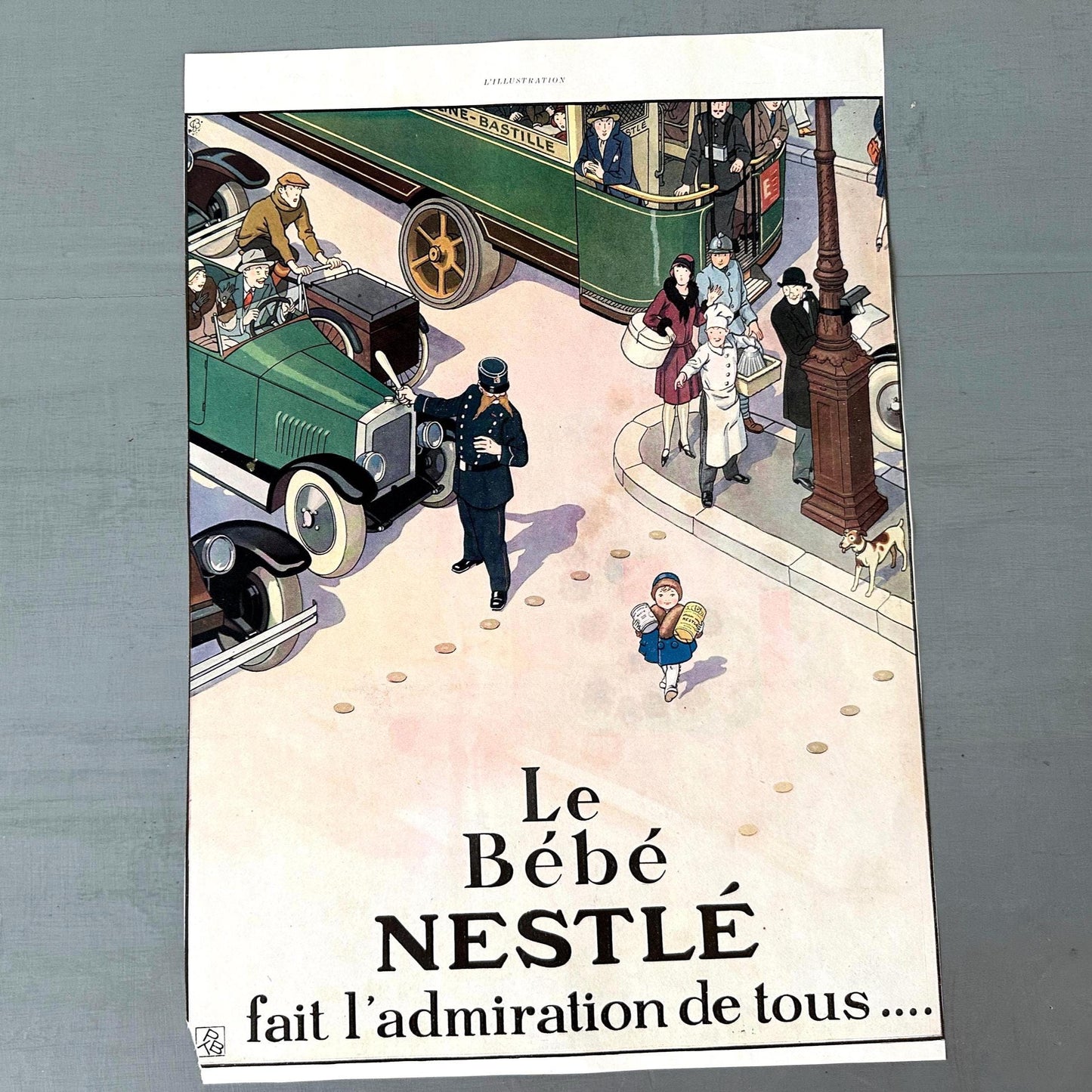 Original 1920s French Vintage Nestle Food Ad Poster: Authentic Cartoon Street Scene with Baby Wall Art