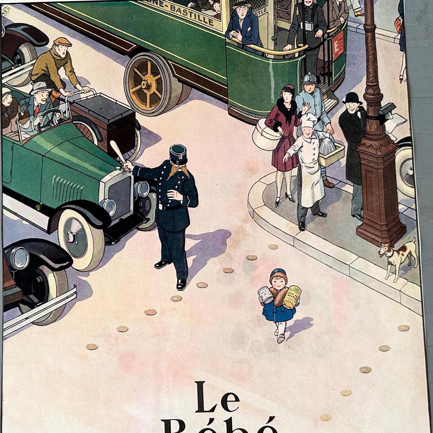 Original 1920s French Vintage Nestle Food Ad Poster: Authentic Cartoon Street Scene with Baby Wall Art