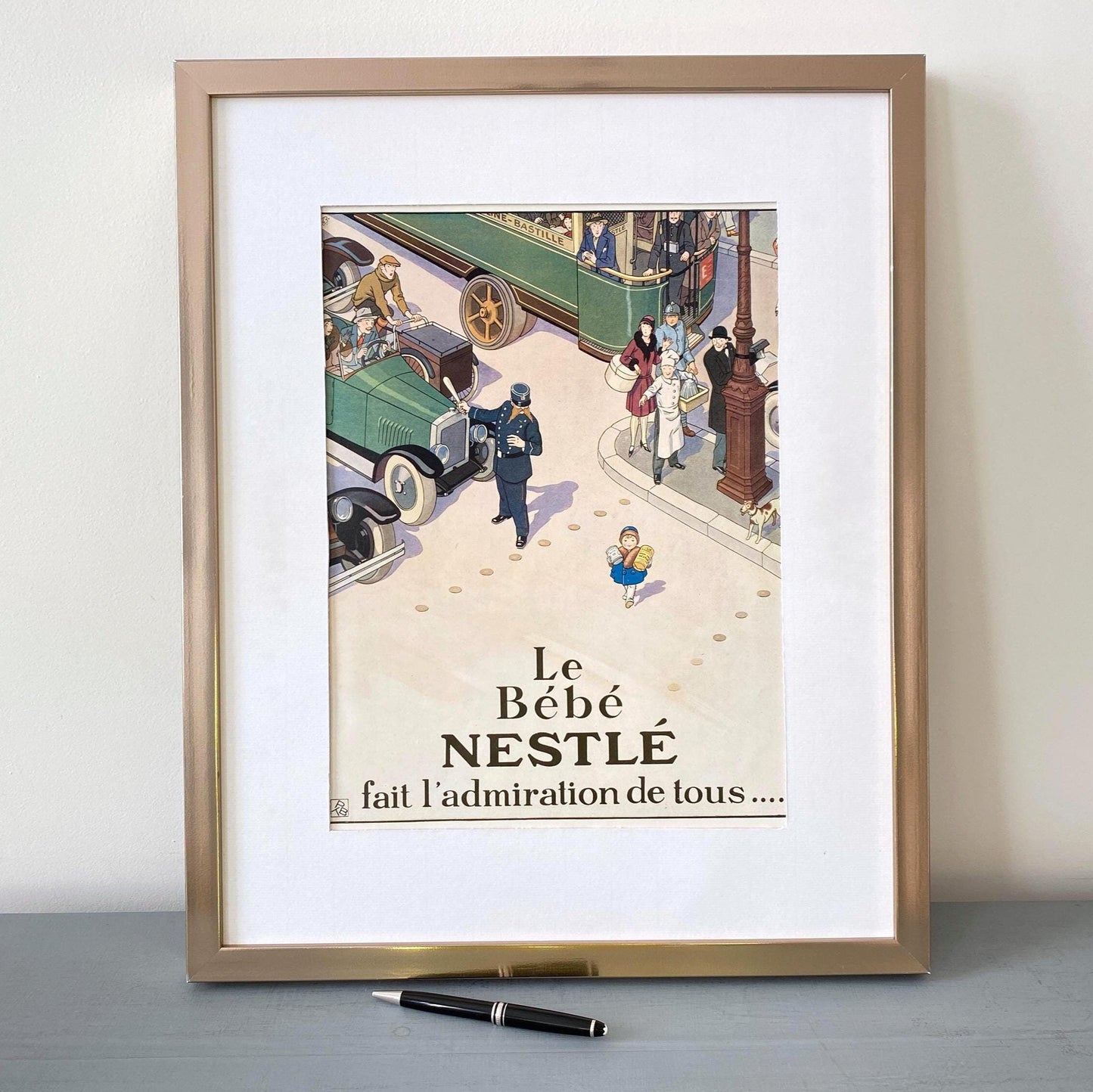 Original 1920s French Vintage Nestle Food Ad Poster: Authentic Cartoon Street Scene with Baby Wall Art