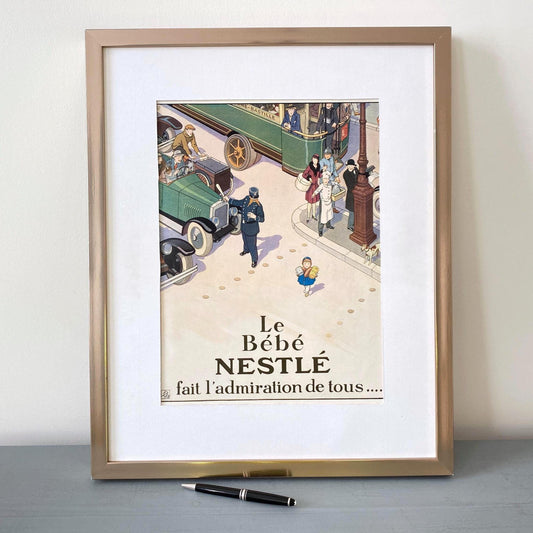 Original 1920s French Vintage Nestle Food Ad Poster: Authentic Cartoon Street Scene with Baby Wall Art