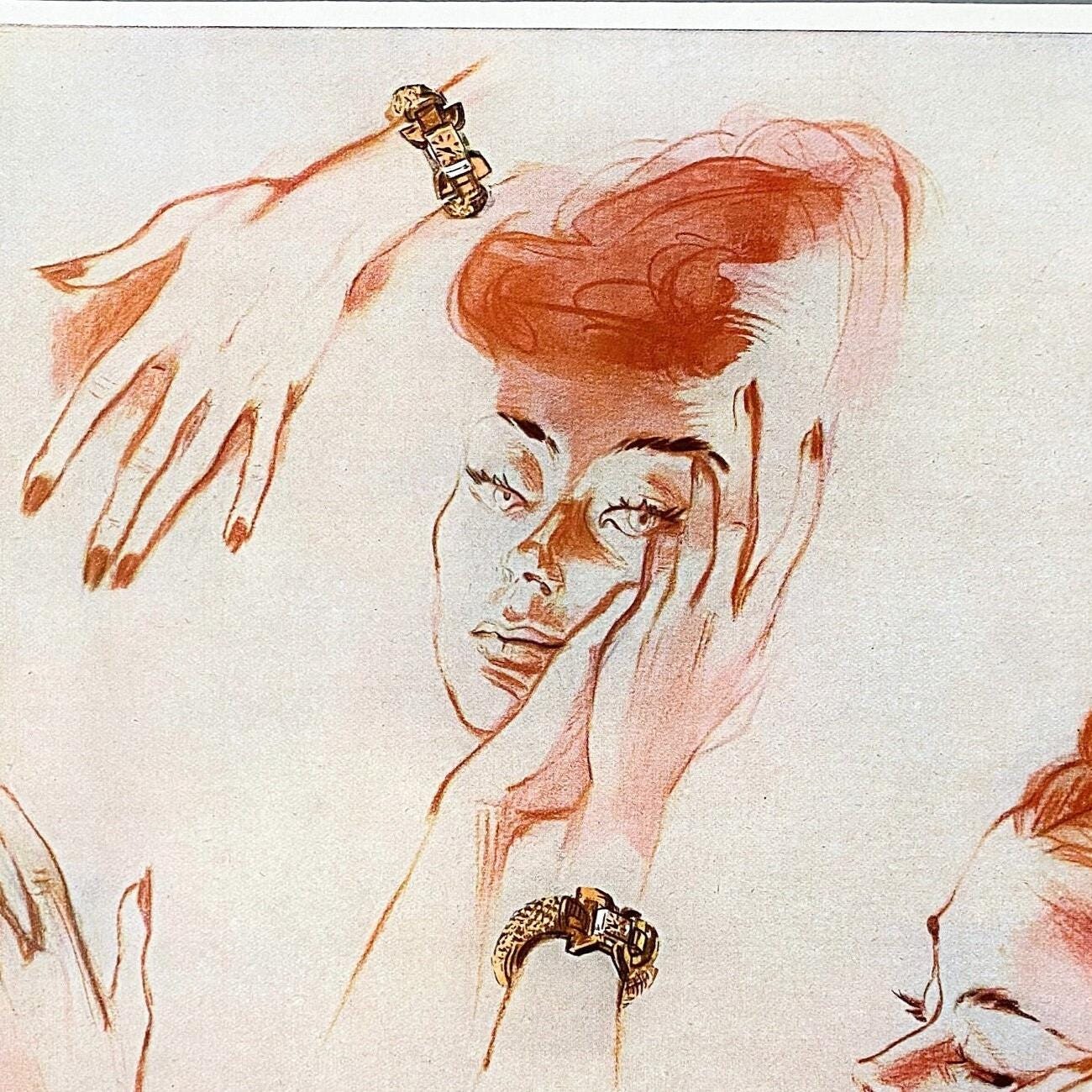 Authentic 1950s Vintage Boucheron Jewelry Ad Print: Mid-Century French Women Poster