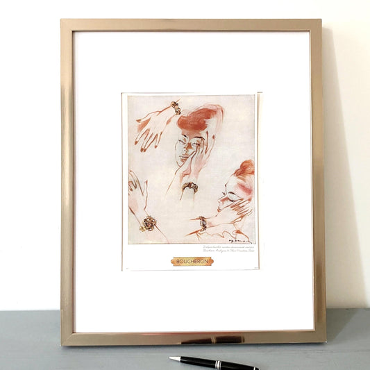 Authentic 1950s Vintage Boucheron Jewelry Ad Print: Mid-Century French Women Poster