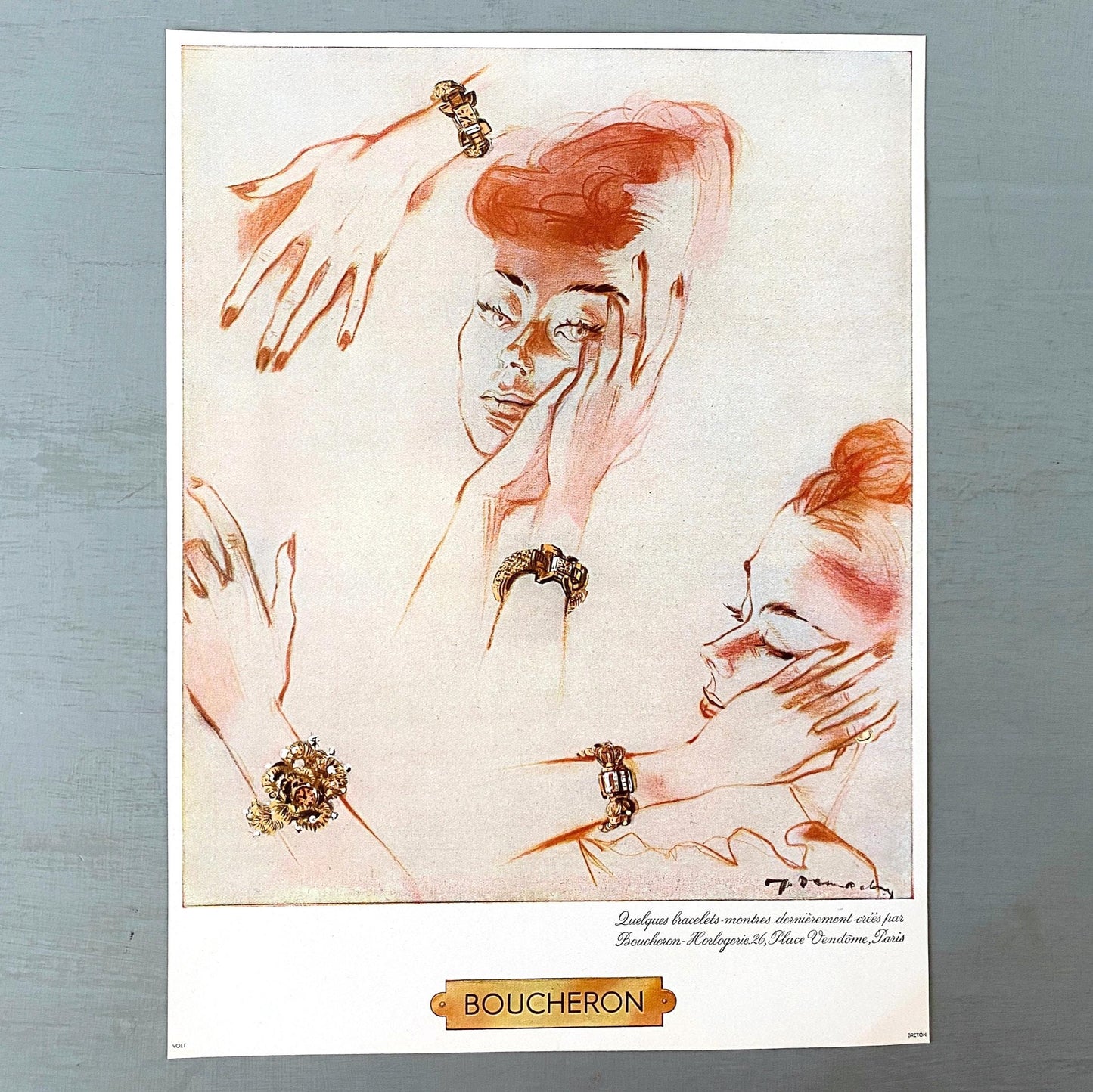 Authentic 1950s Vintage Boucheron Jewelry Ad Print: Mid-Century French Women Poster