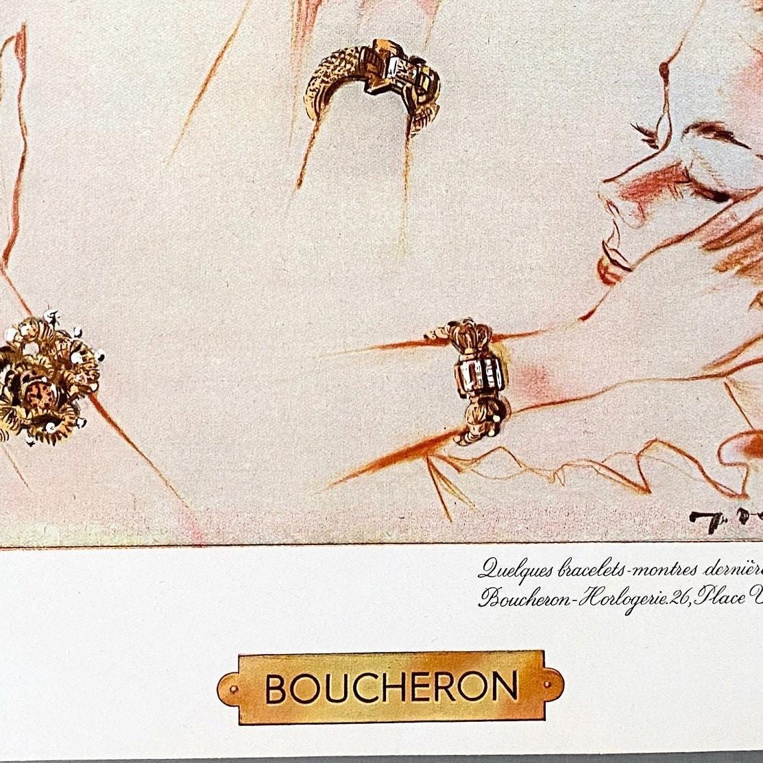 Authentic 1950s Vintage Boucheron Jewelry Ad Print: Mid-Century French Women Poster