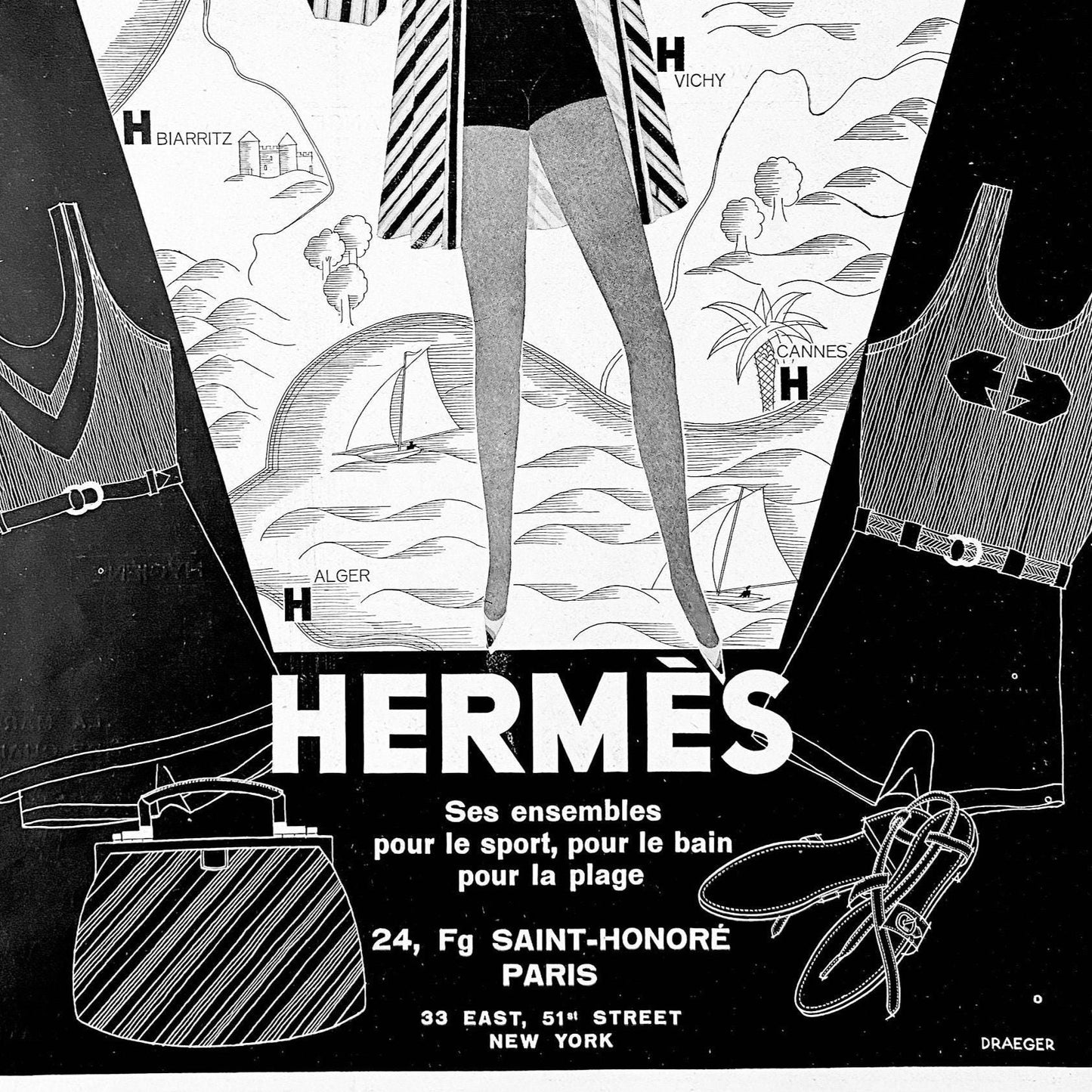 Original 1930s Vintage Hermes Advertisement Poster: Authentic Beach Fashion Print