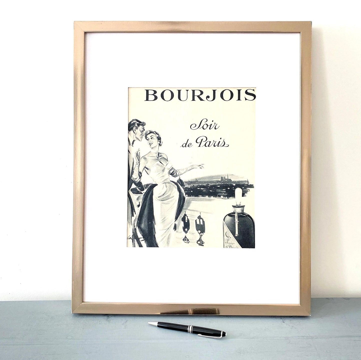 Vintage Bourjois Perfume Ad Print: French Romantic Couple Poster