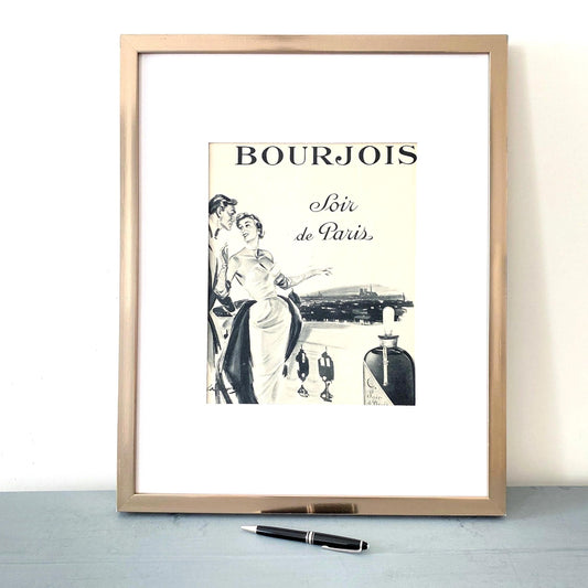 Vintage Bourjois Perfume Ad Print: French Romantic Couple Poster