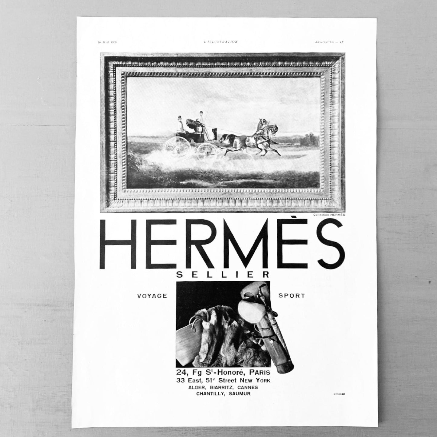 Original 1930s Vintage Hermes Travel Bag Ad Wall Poster: Authentic Print from French Magazine
