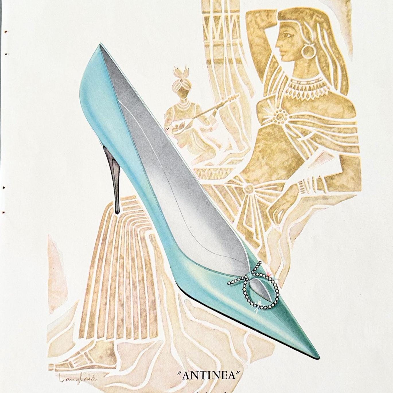 Original 1950s Vintage Jourdan Shoes Ad Print: French Fashion Illustration, J. Langlais