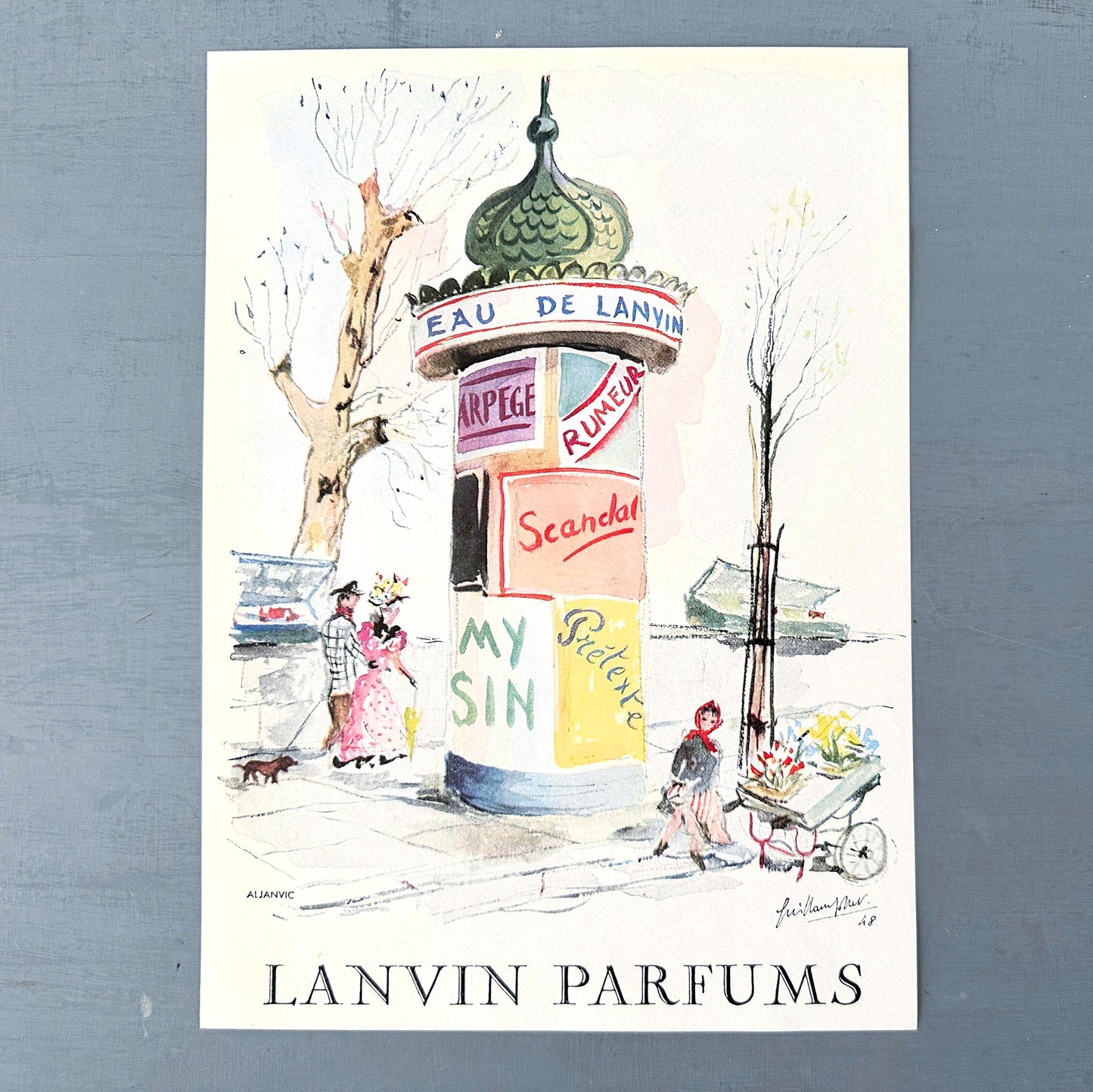 1950s Lanvin Perfume Ad Print: Rare G. Gillet French Illustration