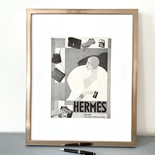 Original 1920s French Vintage Hermes Ad Print, Authentic Elegant Lady Poster