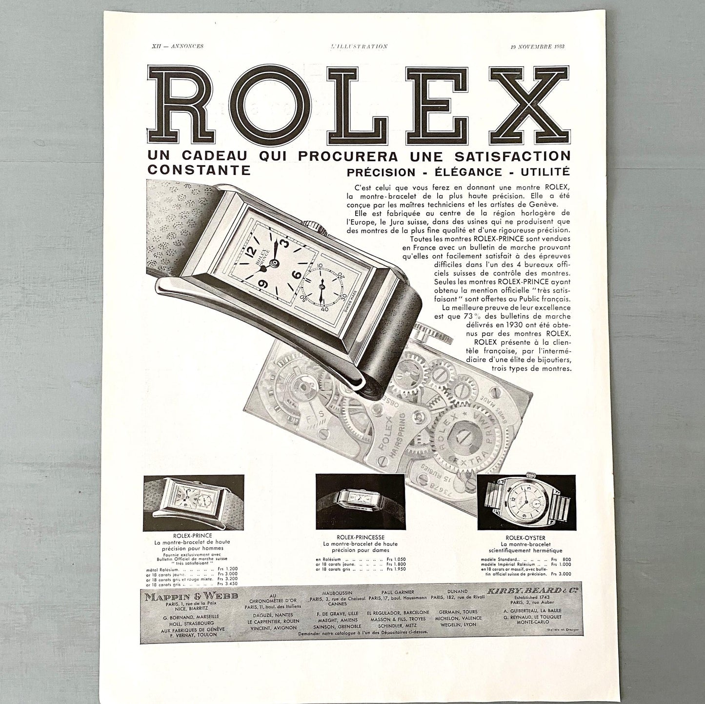 Original 1930s Vintage Rolex Watch Ad Poster: Mid Century Swiss Watch Print