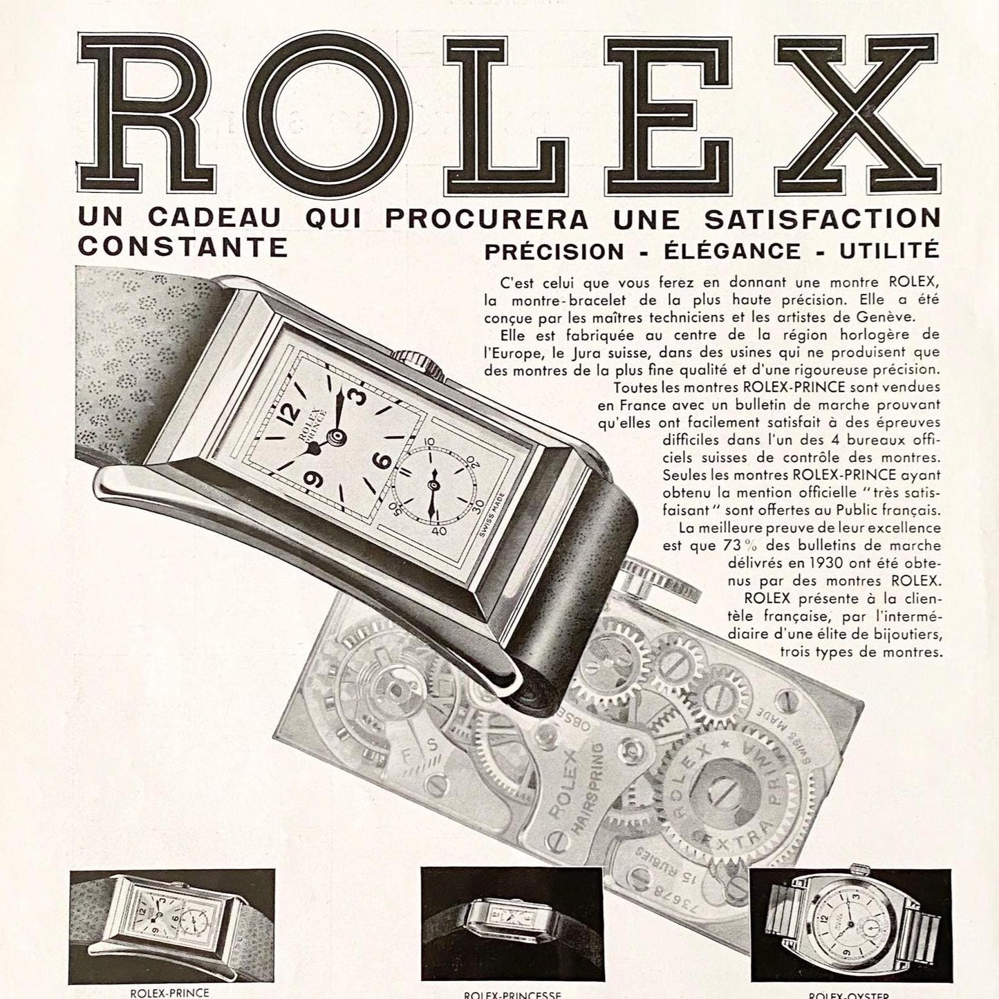 Original 1930s Vintage Rolex Watch Ad Poster: Mid Century Swiss Watch Print