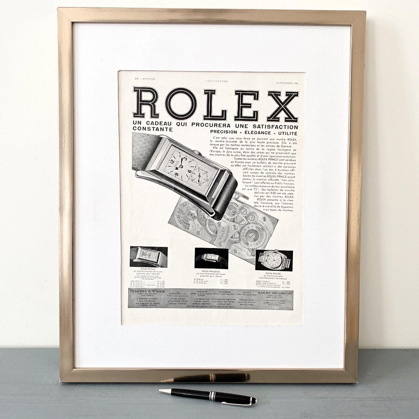 Original 1930s Vintage Rolex Watch Ad Poster: Mid Century Swiss Watch Print