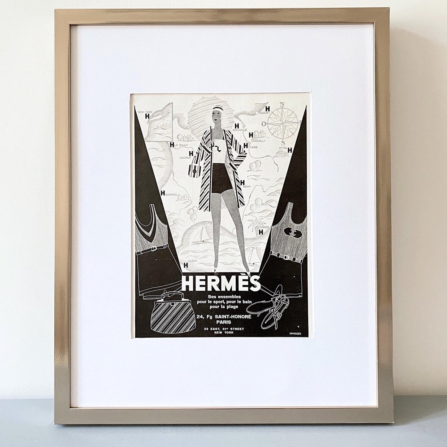 Original 1930s Vintage Hermes Advertisement Poster: Authentic Beach Fashion Print