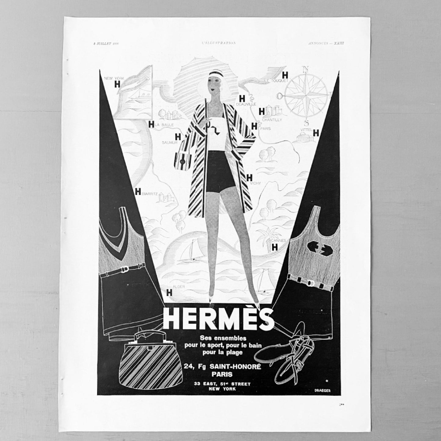 Original 1930s Vintage Hermes Advertisement Poster: Authentic Beach Fashion Print