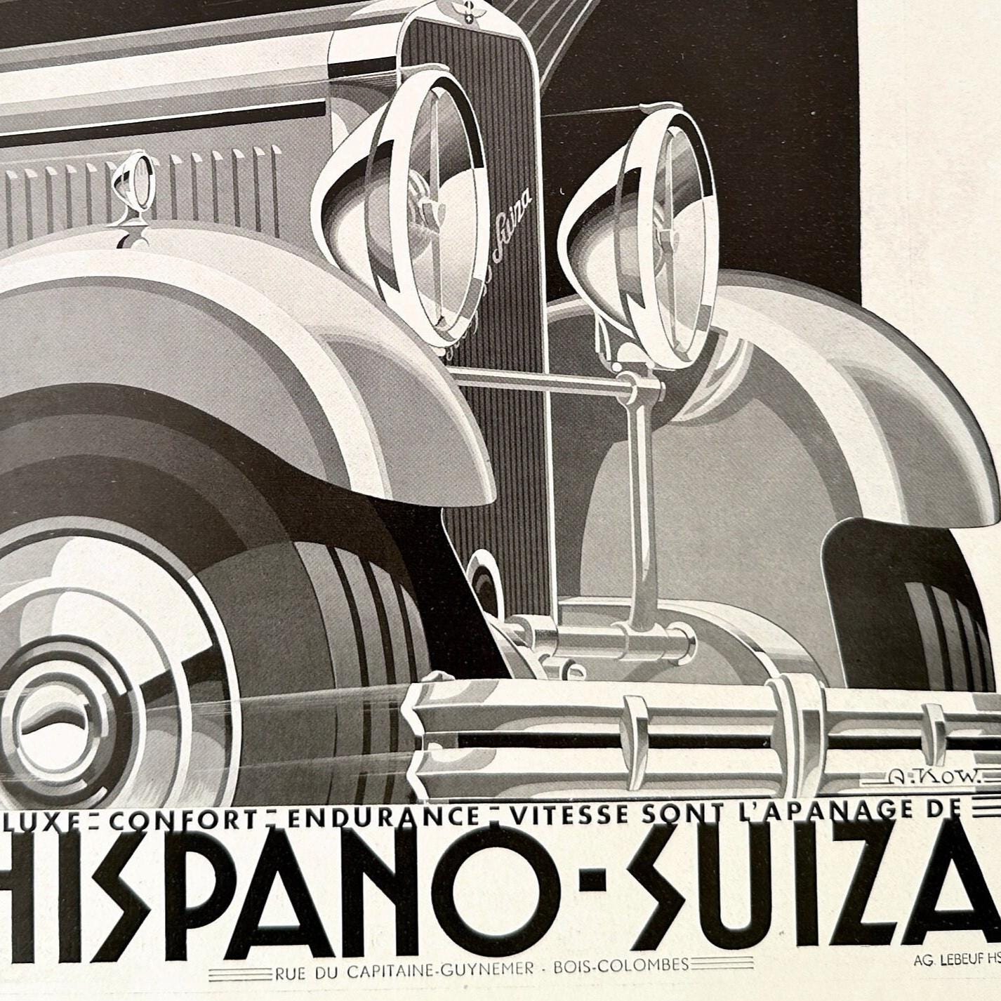 Vintage Hispano Suiza Car Ad Print: Art Deco Supercar Drawing by Alexis Kow