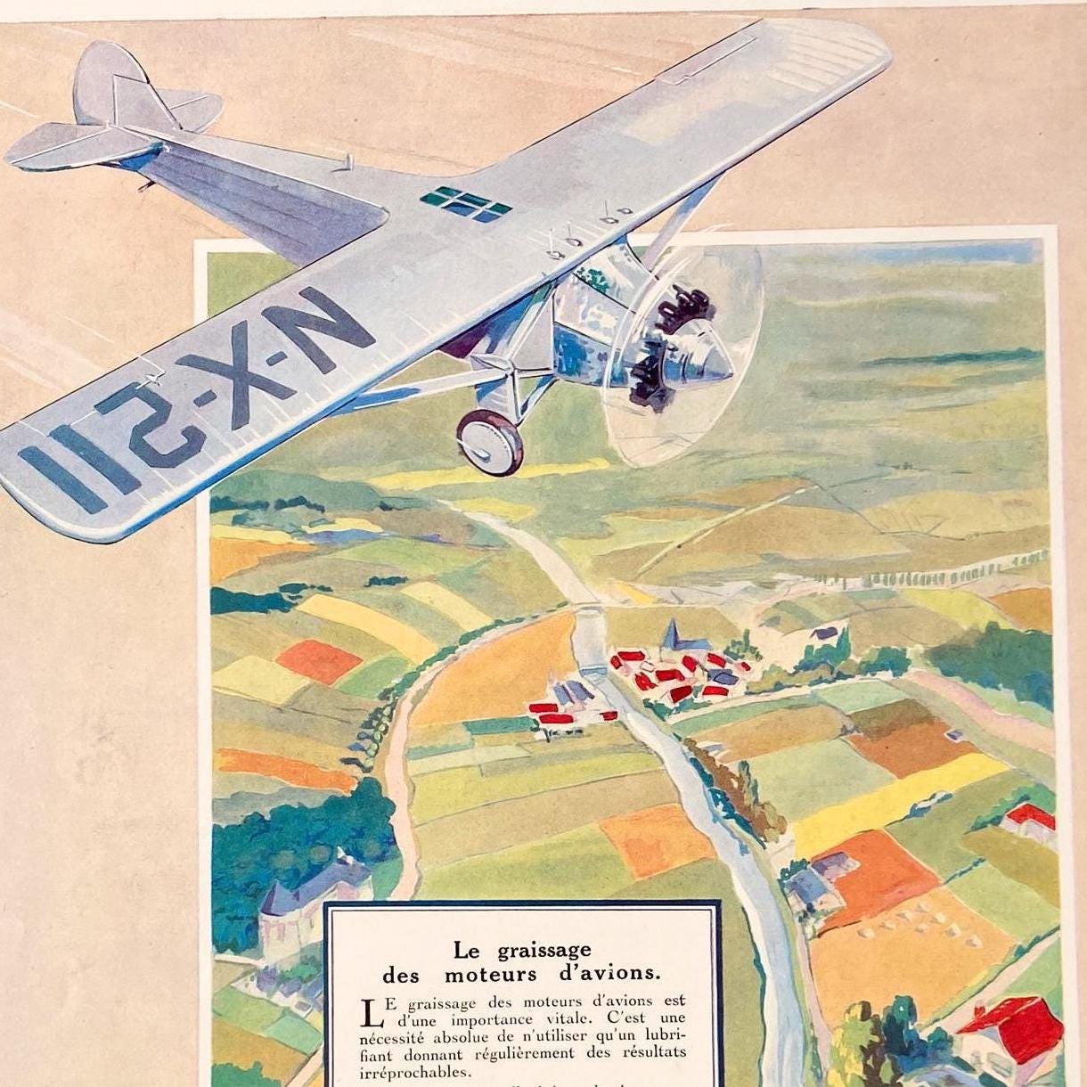 Vintage Mobiloil Ad Print: Retro French Airplane Illustration