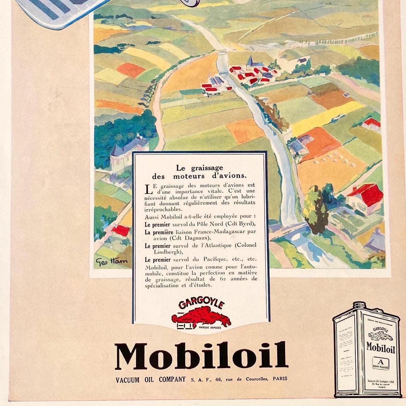 Vintage Mobiloil Ad Print: Retro French Airplane Illustration