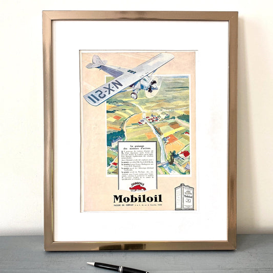 Vintage Mobiloil Ad Print: Retro French Airplane Illustration