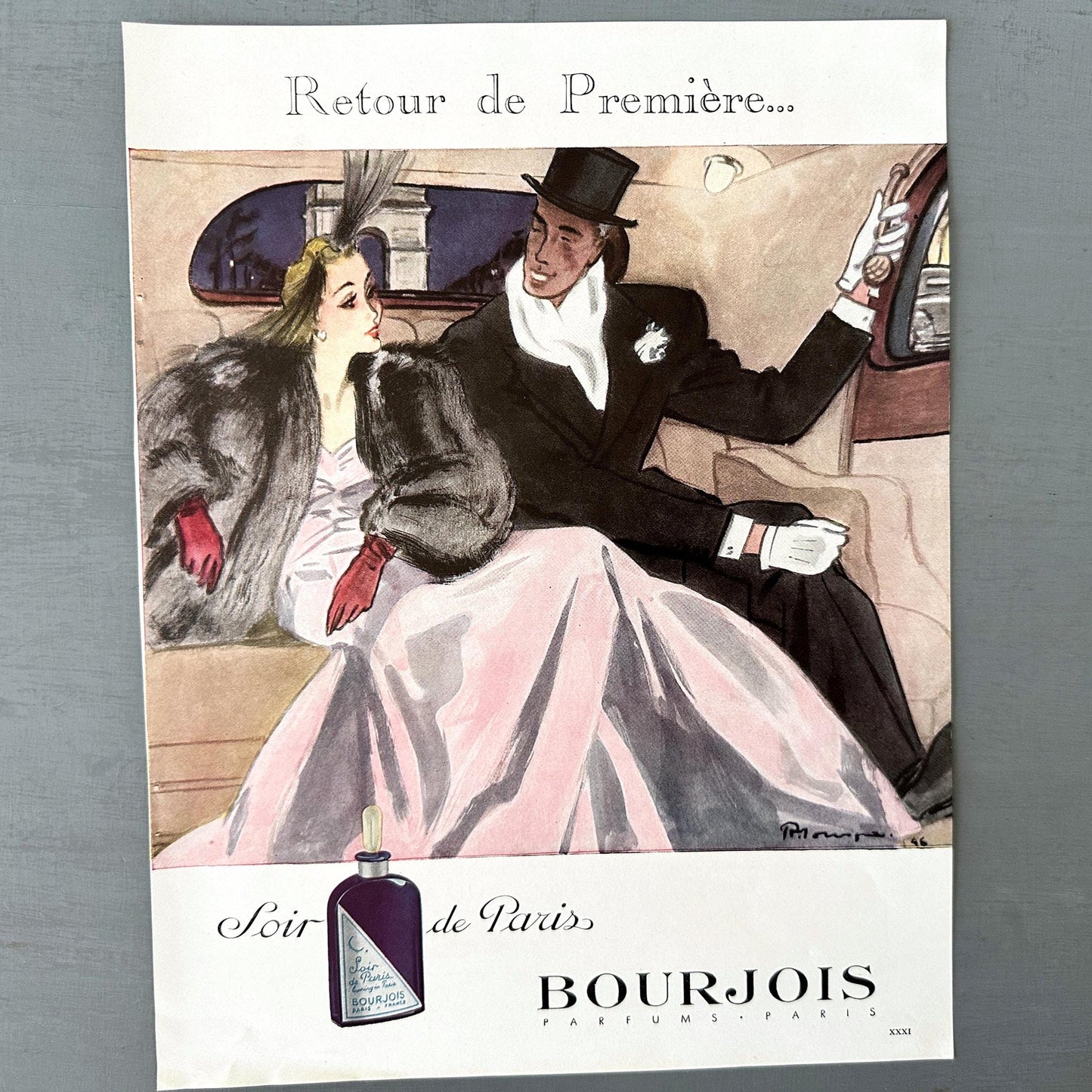 1940s Bourjois Perfume Ad Print: Pierre Mourgue French Fashion Illustration