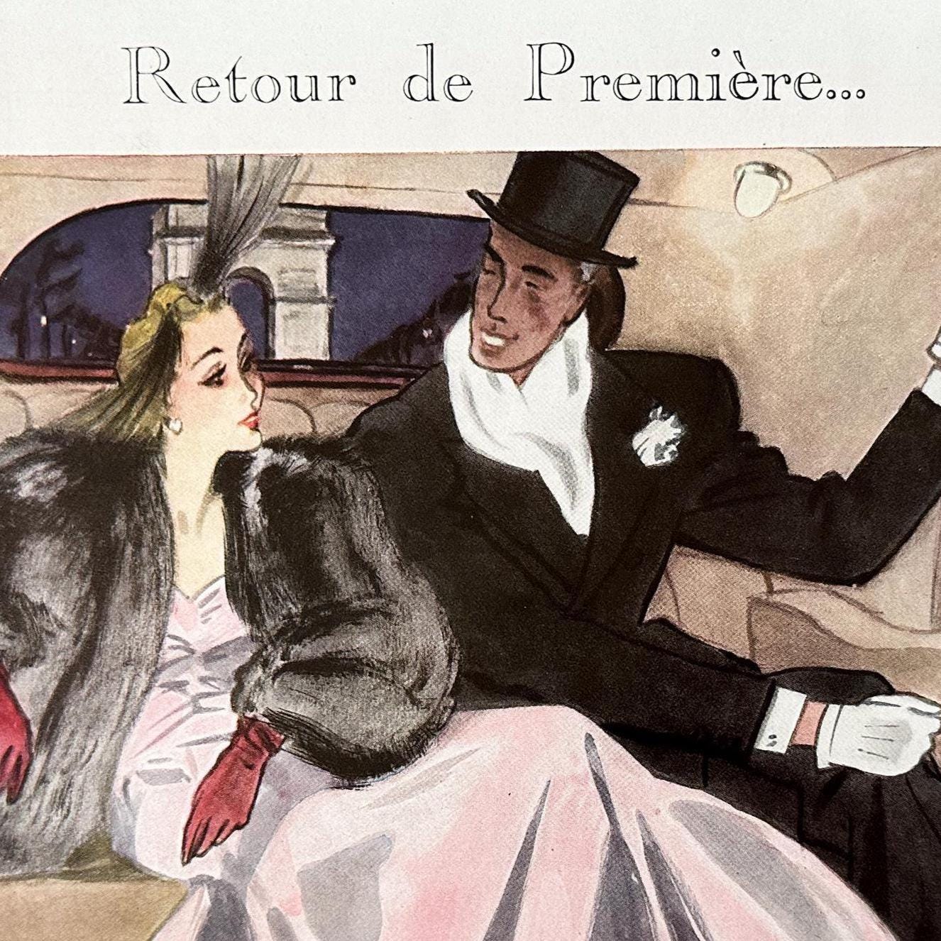 1940s Bourjois Perfume Ad Print: Pierre Mourgue French Fashion Illustration