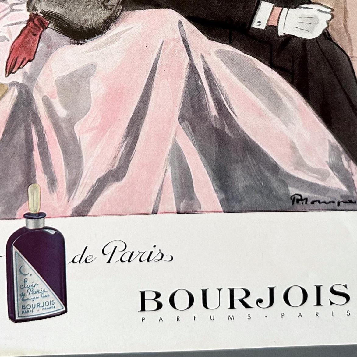 1940s Bourjois Perfume Ad Print: Pierre Mourgue French Fashion Illustration