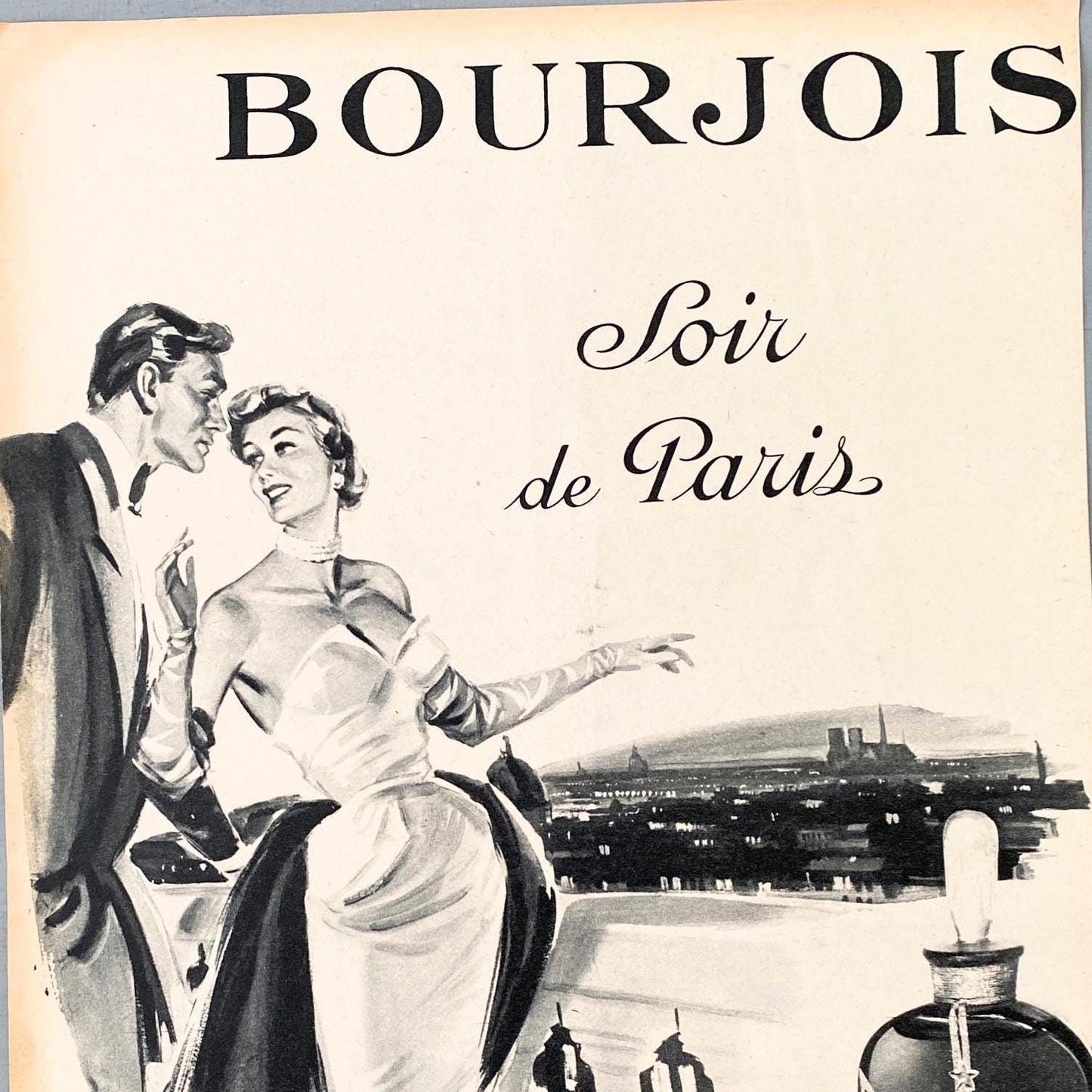 Vintage Bourjois Perfume Ad Print: French Romantic Couple Poster
