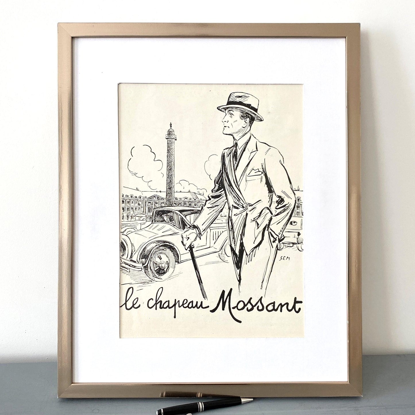 Authentic Vintage 1920s French Hat Ad Print: Original Paris Place Vendome Poster Signed Goursat