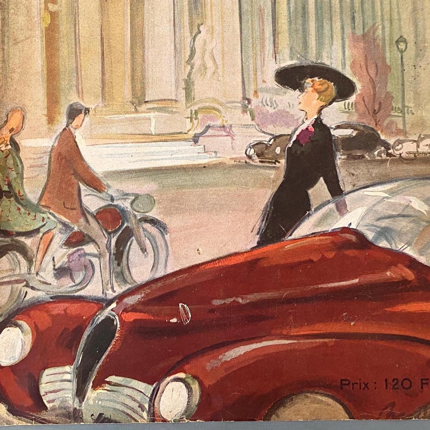 1940s Paris Travel Poster: Classic Red Car, Mid-Century La Vie Parisienne Illustration