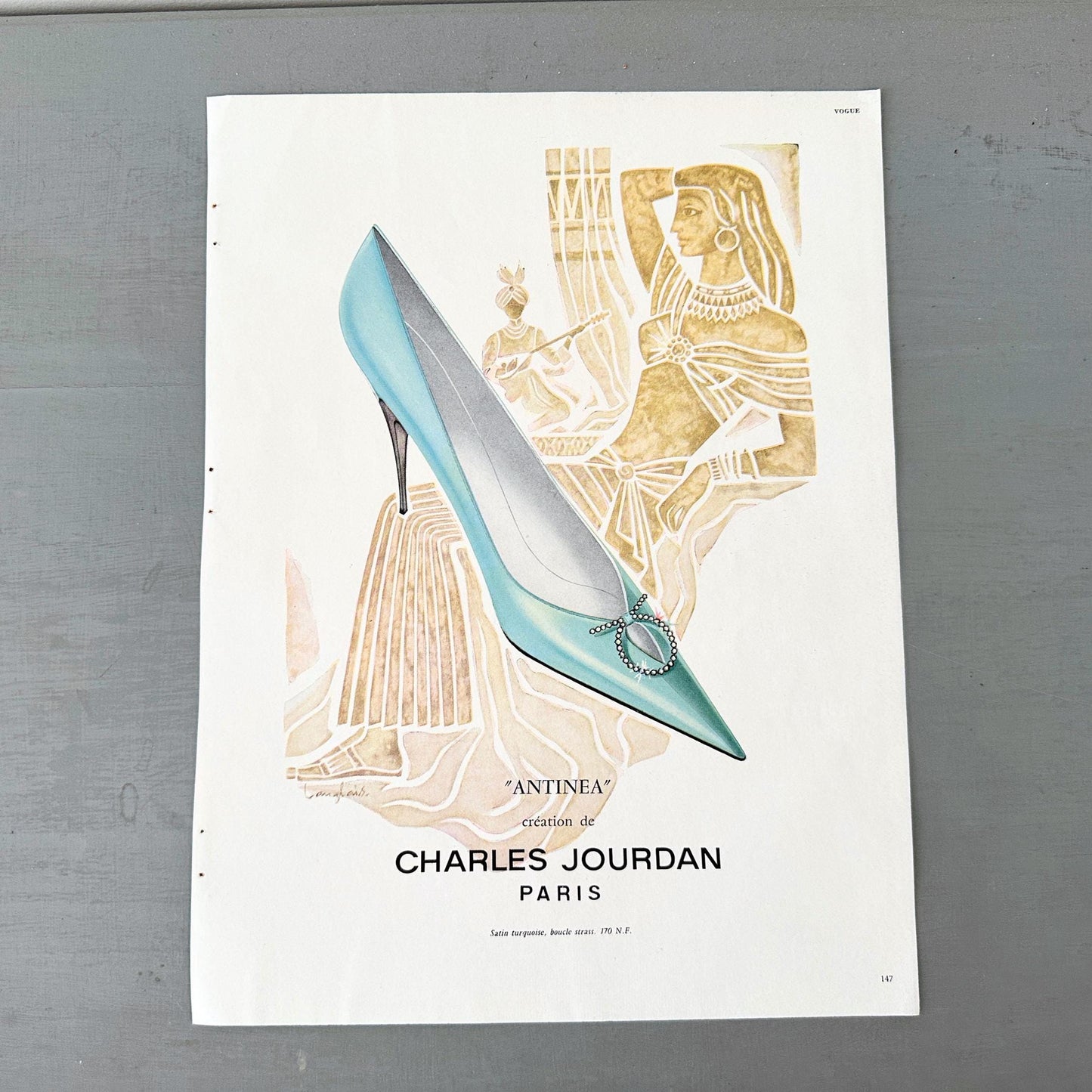 Original 1950s Vintage Jourdan Shoes Ad Print: French Fashion Illustration, J. Langlais