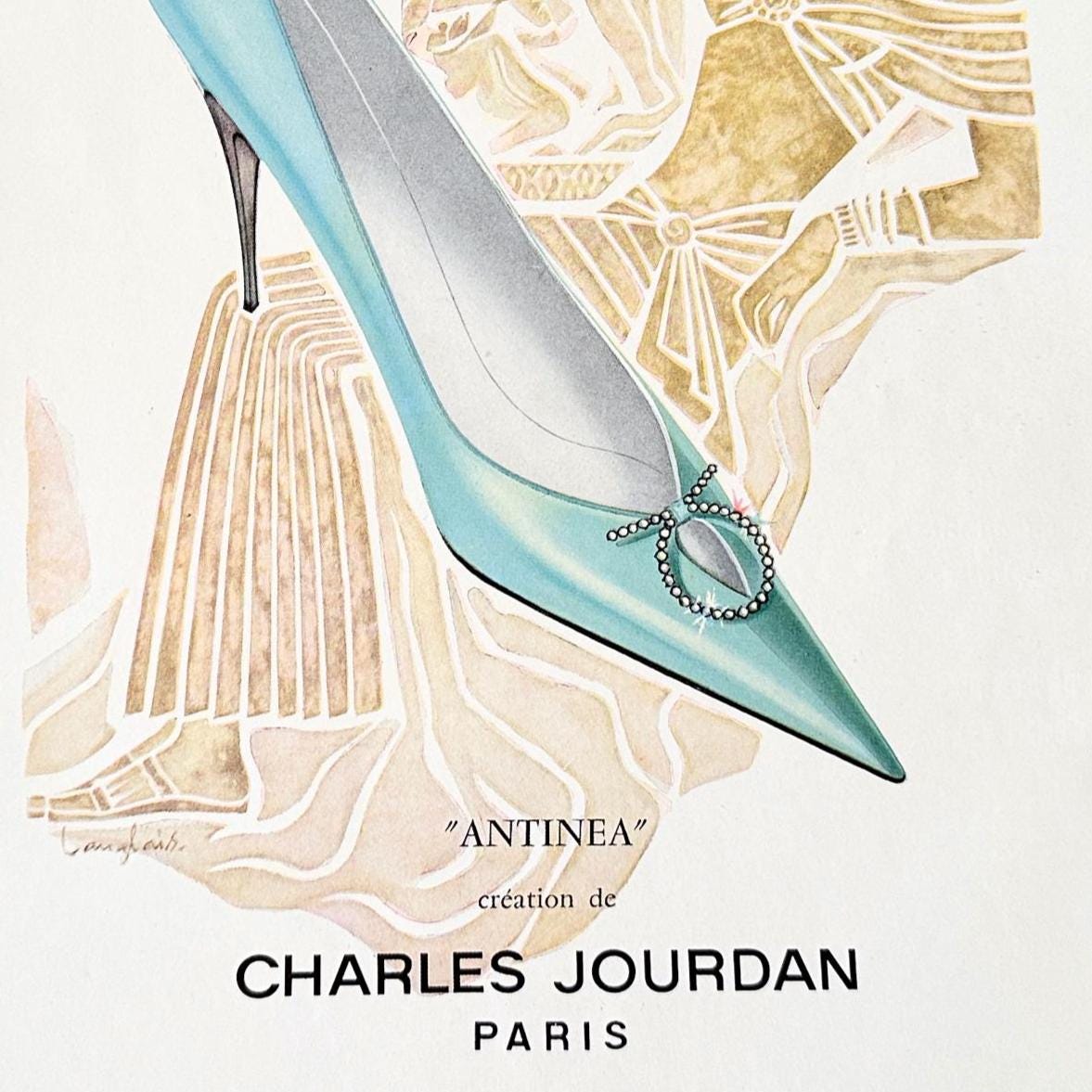 Original 1950s Vintage Jourdan Shoes Ad Print: French Fashion Illustration, J. Langlais