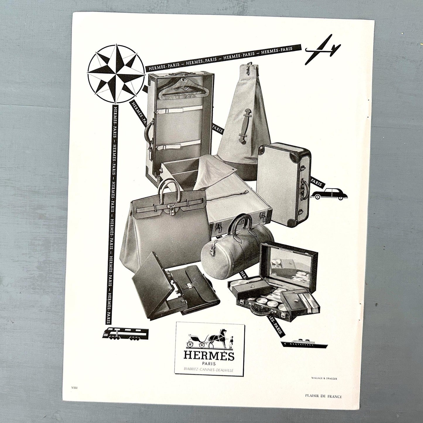 Original 1950s French Vintage Hermes Ad Poster: Birkin Bag, Luggage and Suitcase Fashion Print