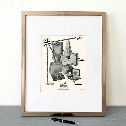 Original 1950s French Vintage Hermes Ad Poster: Birkin Bag, Luggage and Suitcase Fashion Print