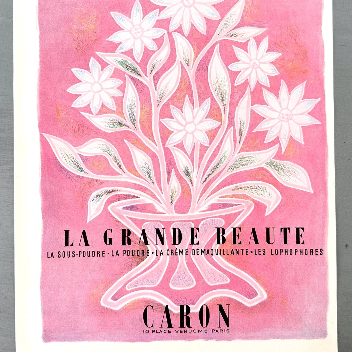 Original 1950s Vintage Caron Perfume Ad Poster: French Floral Print