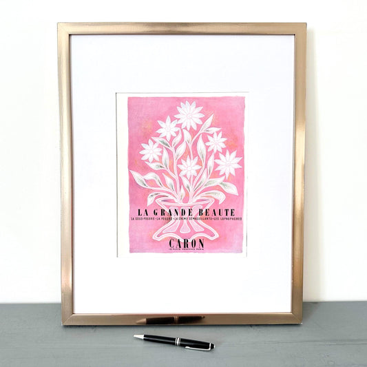 Original 1950s Vintage Caron Perfume Ad Poster: French Floral Print