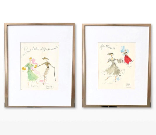 Authentic 1940s Vintage Dior Fashion Ad Set: Baumgartner Watercolor Illustration, French Magazine