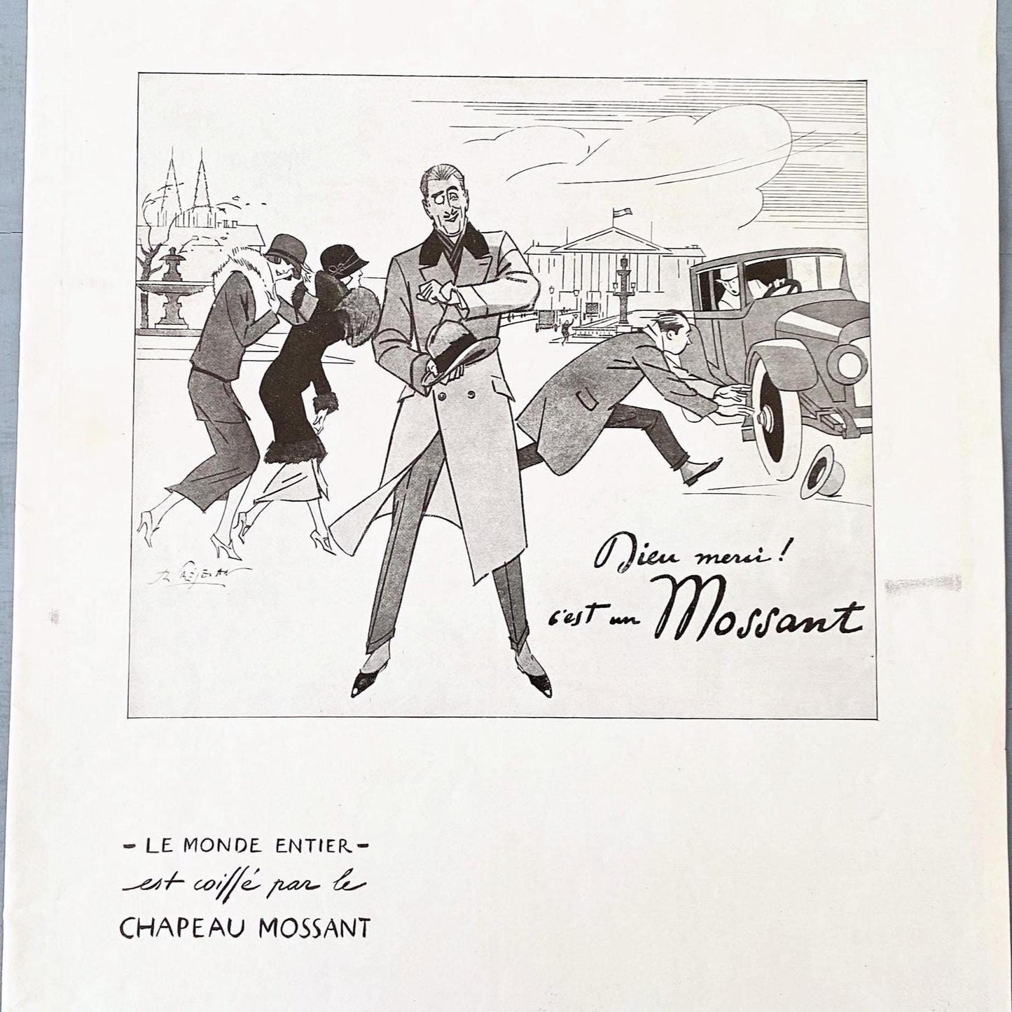 1920s Mossant Hat Ad: Rare Paris Street Scene - French Fashion Print