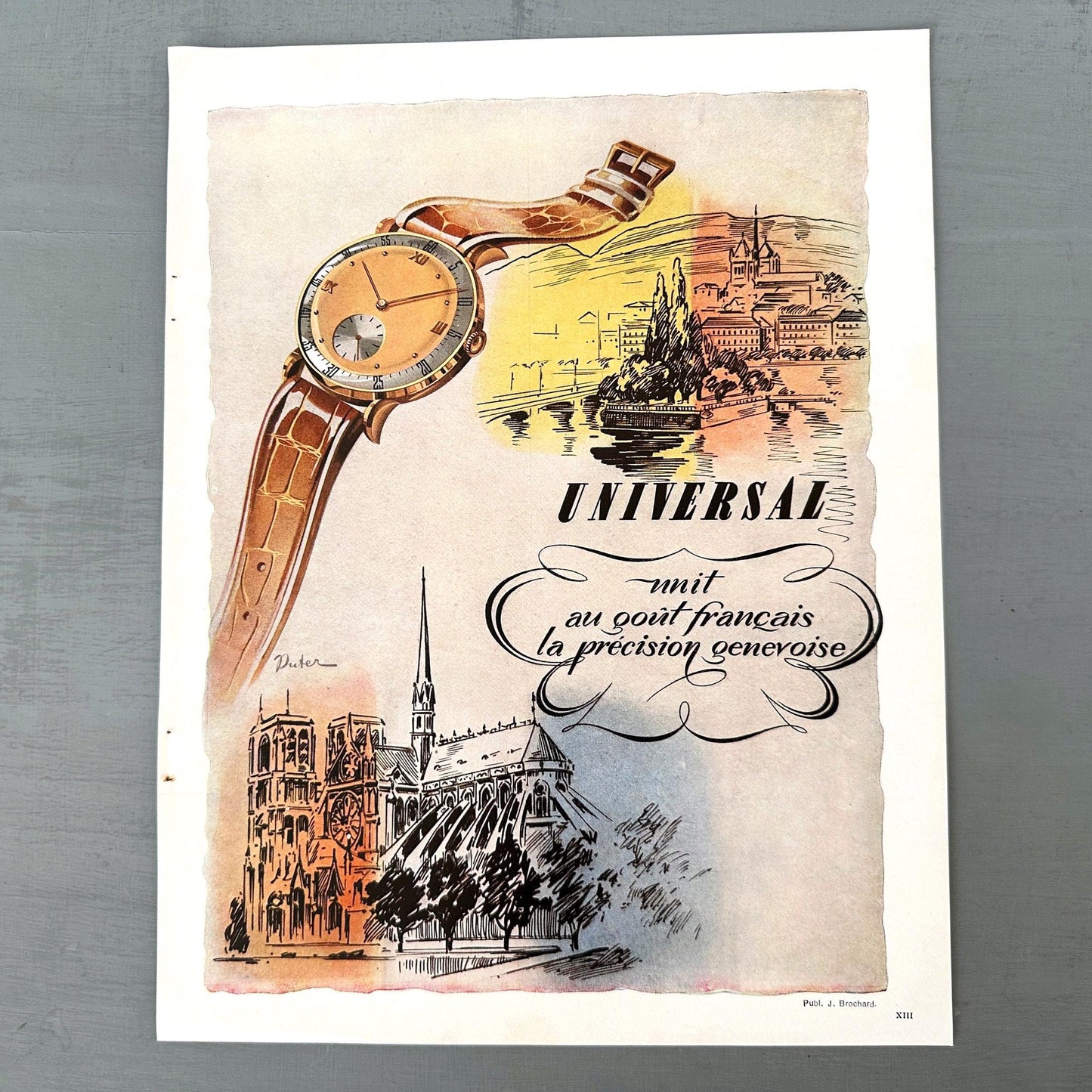 Authentic French 1940s Vintage Swiss Watch Advertisement Poster - Notre-Dame de Paris Print