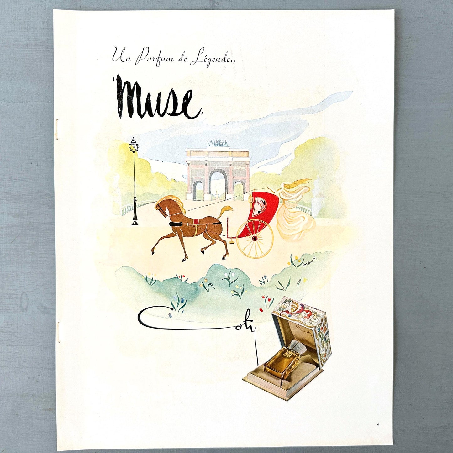 Authentic 1940s Vintage Coty Muse Perfume Bottle Advertisement Print - Original French Magazine Page