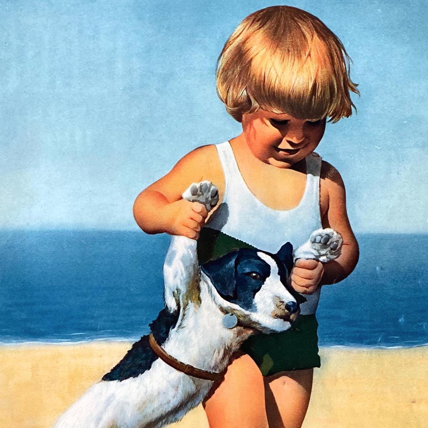 Authentic 1930s French Vintage Boy on the Beach with Dog Nestle Advertisement Poster