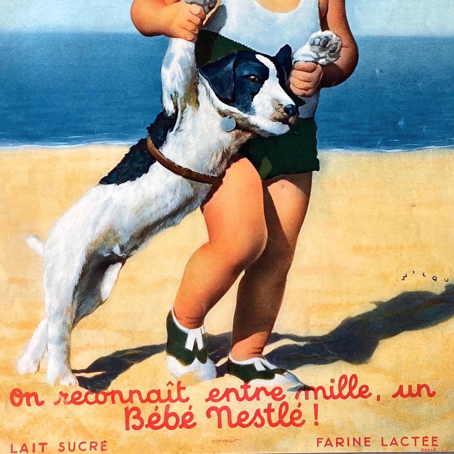 Authentic 1930s French Vintage Boy on the Beach with Dog Nestle Advertisement Poster